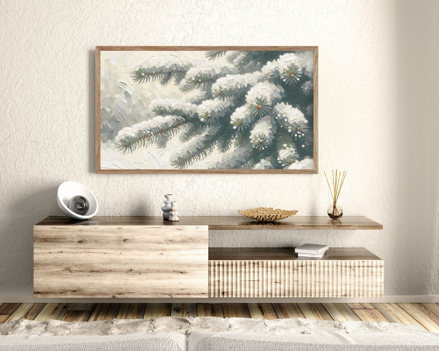 Pine Tree Branch in Snow Winter Frame TV Art