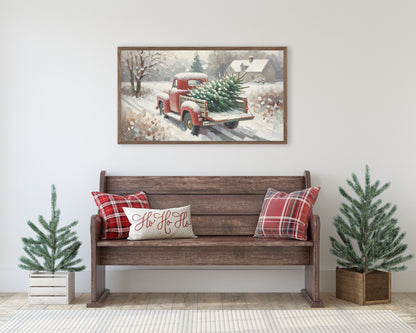 Christmas Red Truck With Pine Tree Frame TV Art