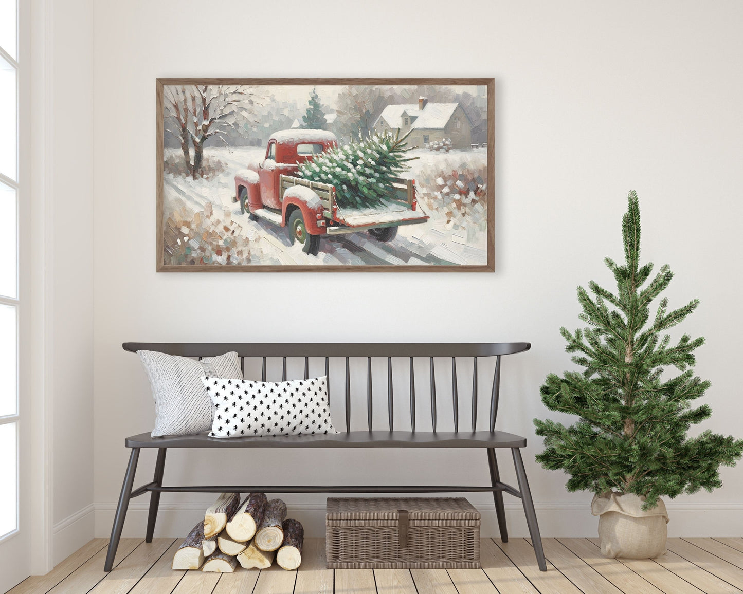 Christmas Red Truck With Pine Tree Frame TV Art
