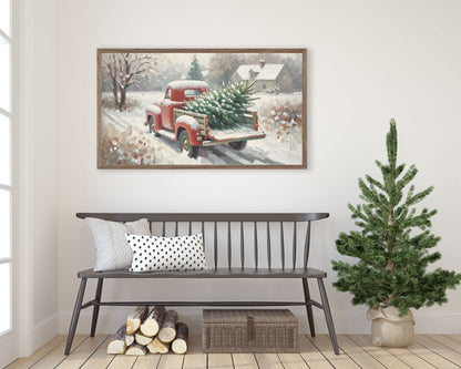 Christmas Red Truck With Pine Tree Frame TV Art
