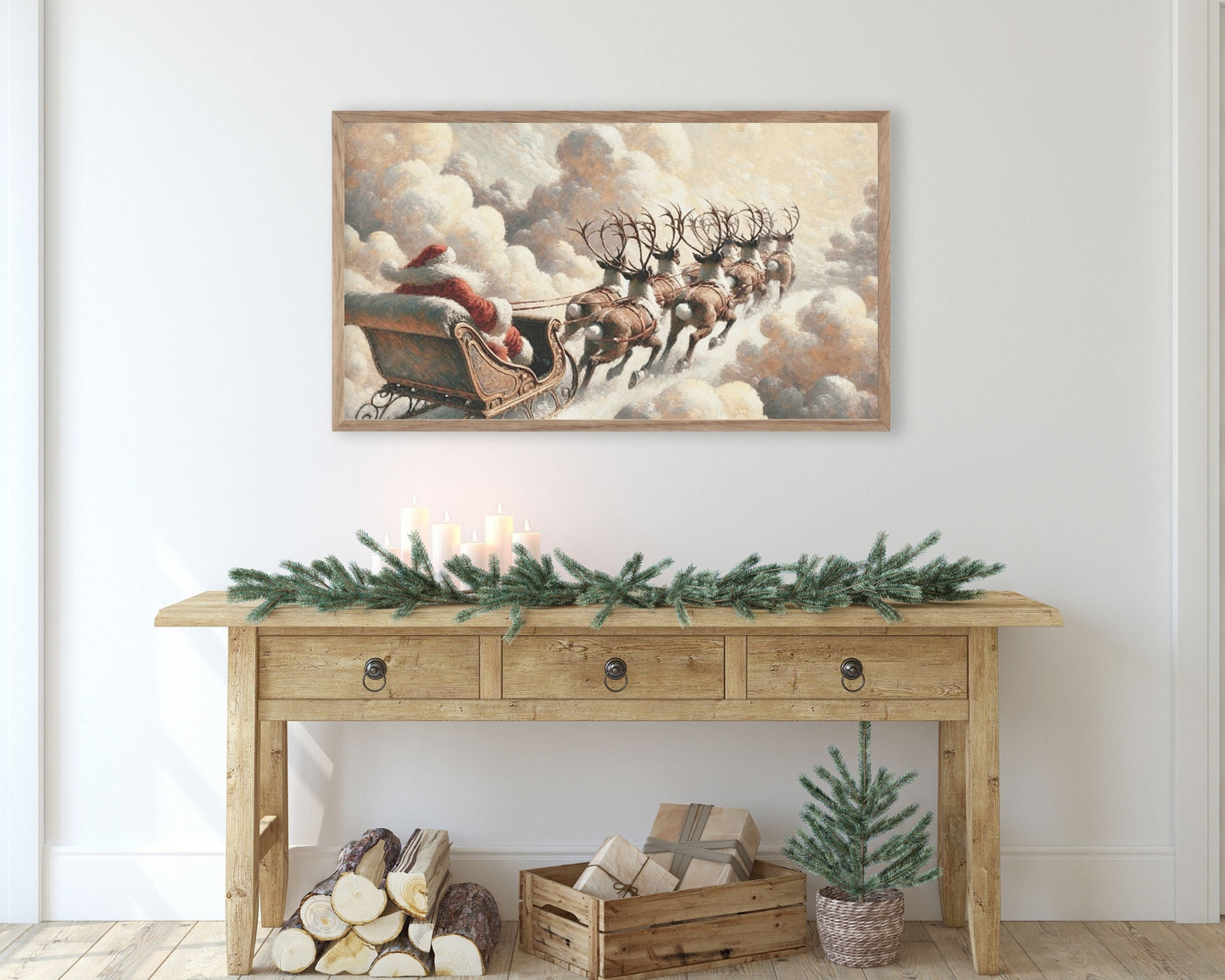 Santa and Reindeer Flying Sleigh Frame TV Art