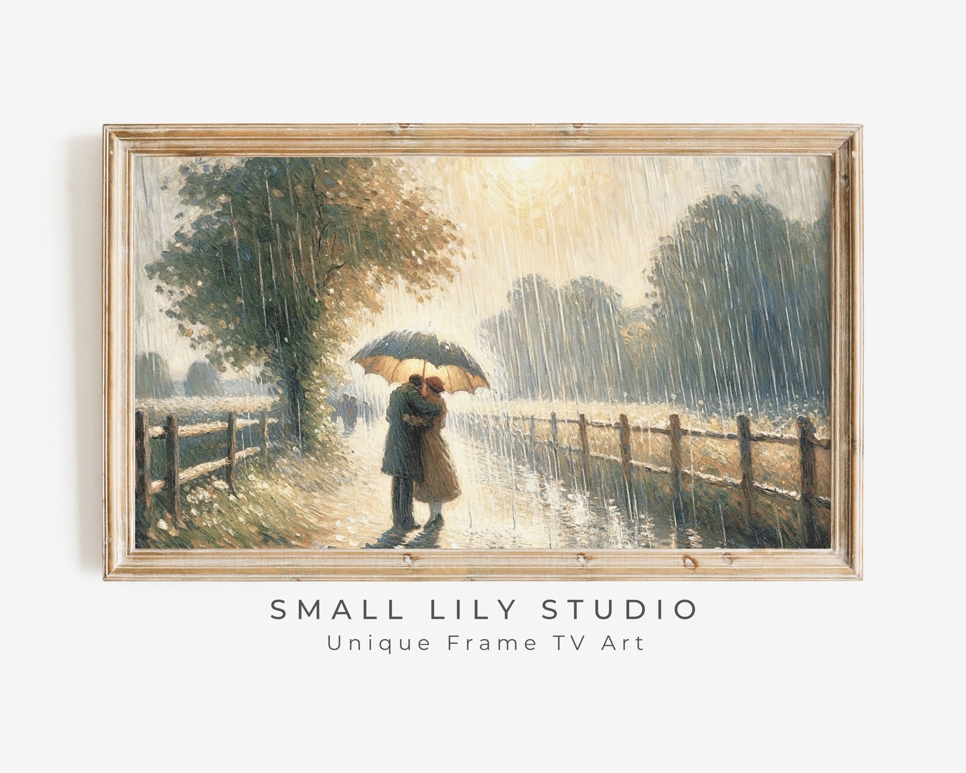 Romantic Couple In Rain Under Umbrella Frame TV Art