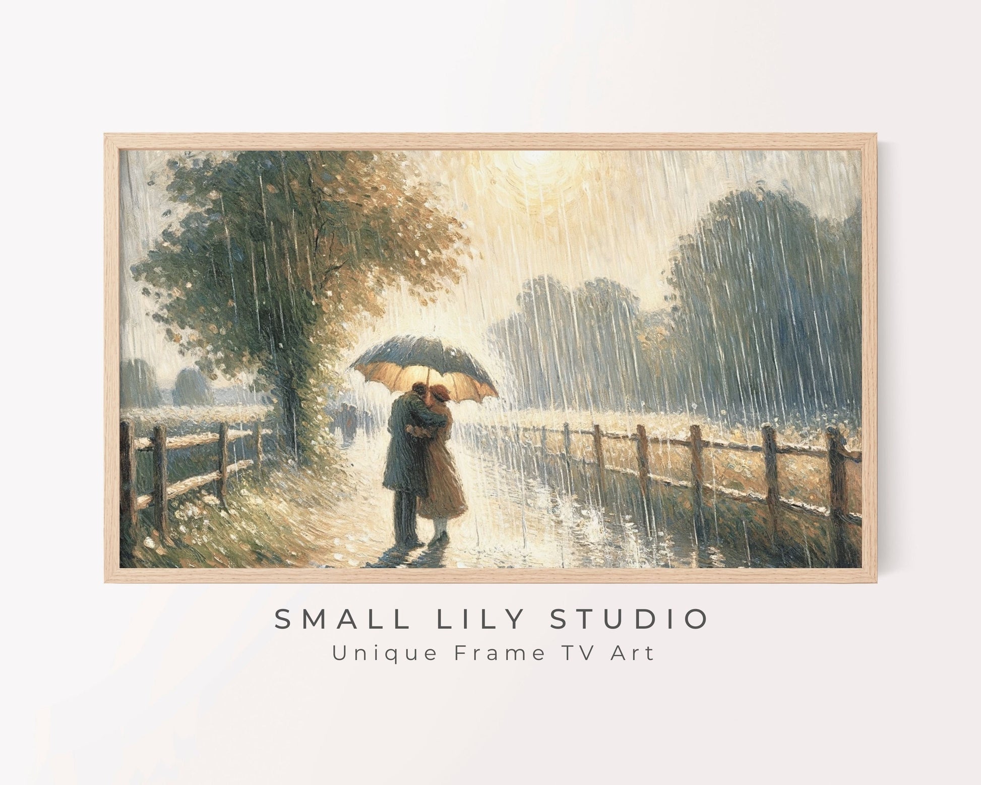 Romantic Couple In Rain Under Umbrella Frame TV Art