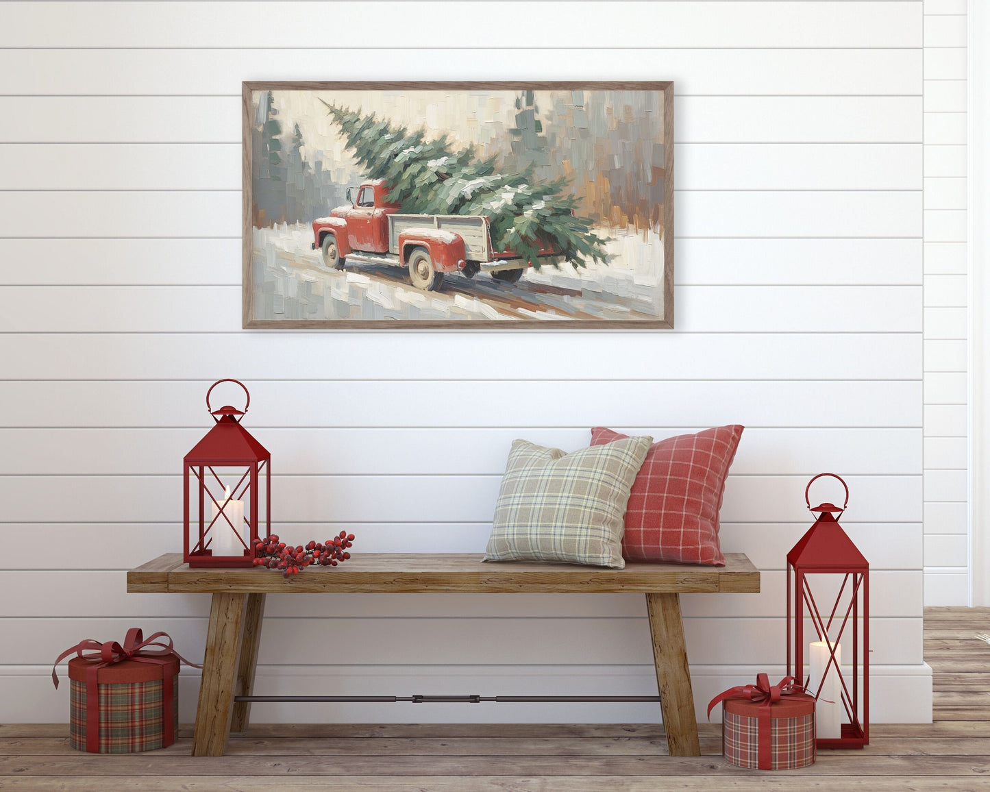 Christmas Red Truck With Pine Tree Frame TV Art