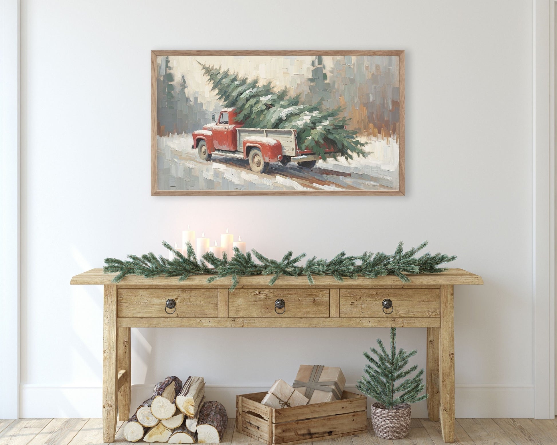 Christmas Red Truck With Pine Tree Frame TV Art