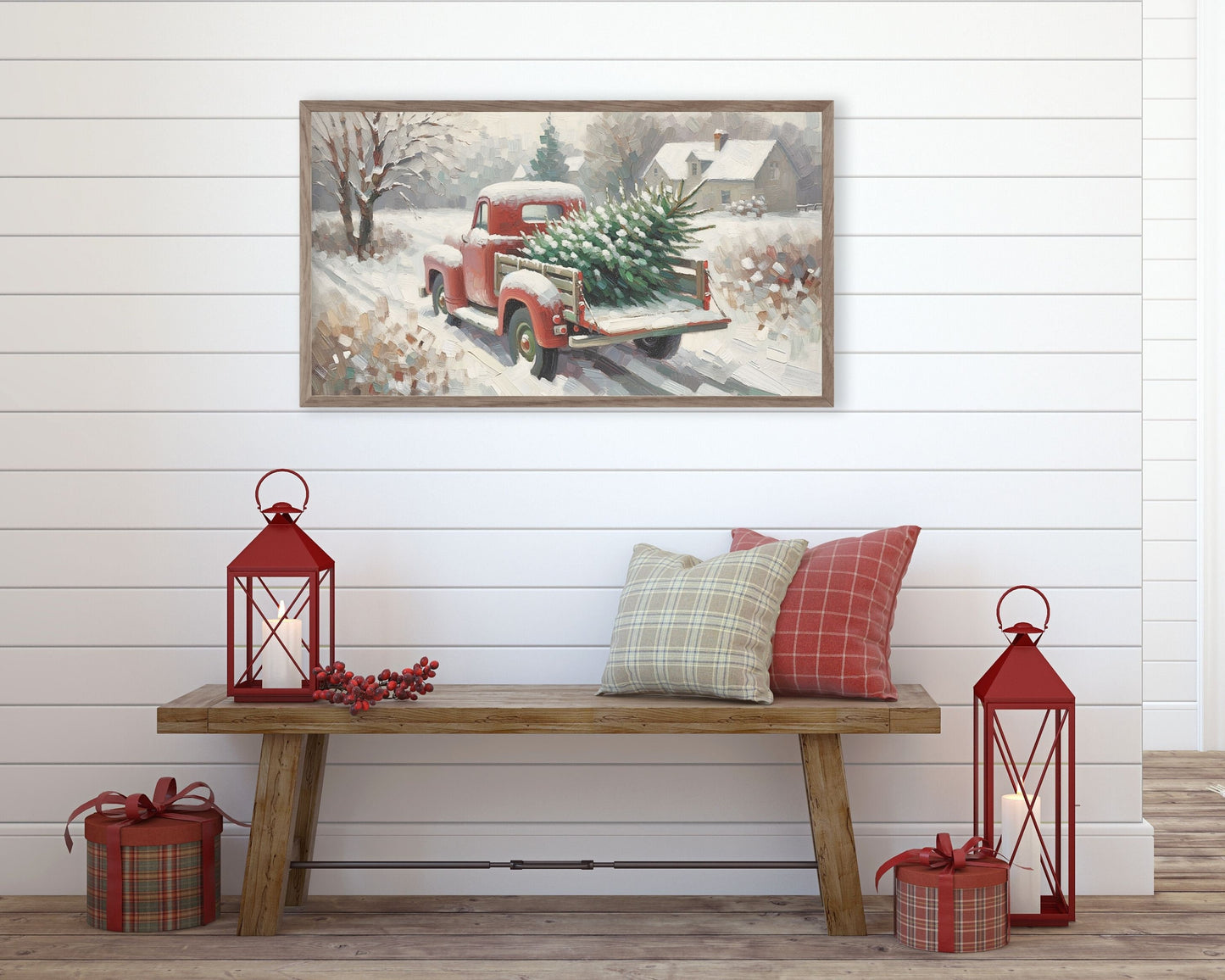 Christmas Red Truck With Pine Tree Frame TV Art