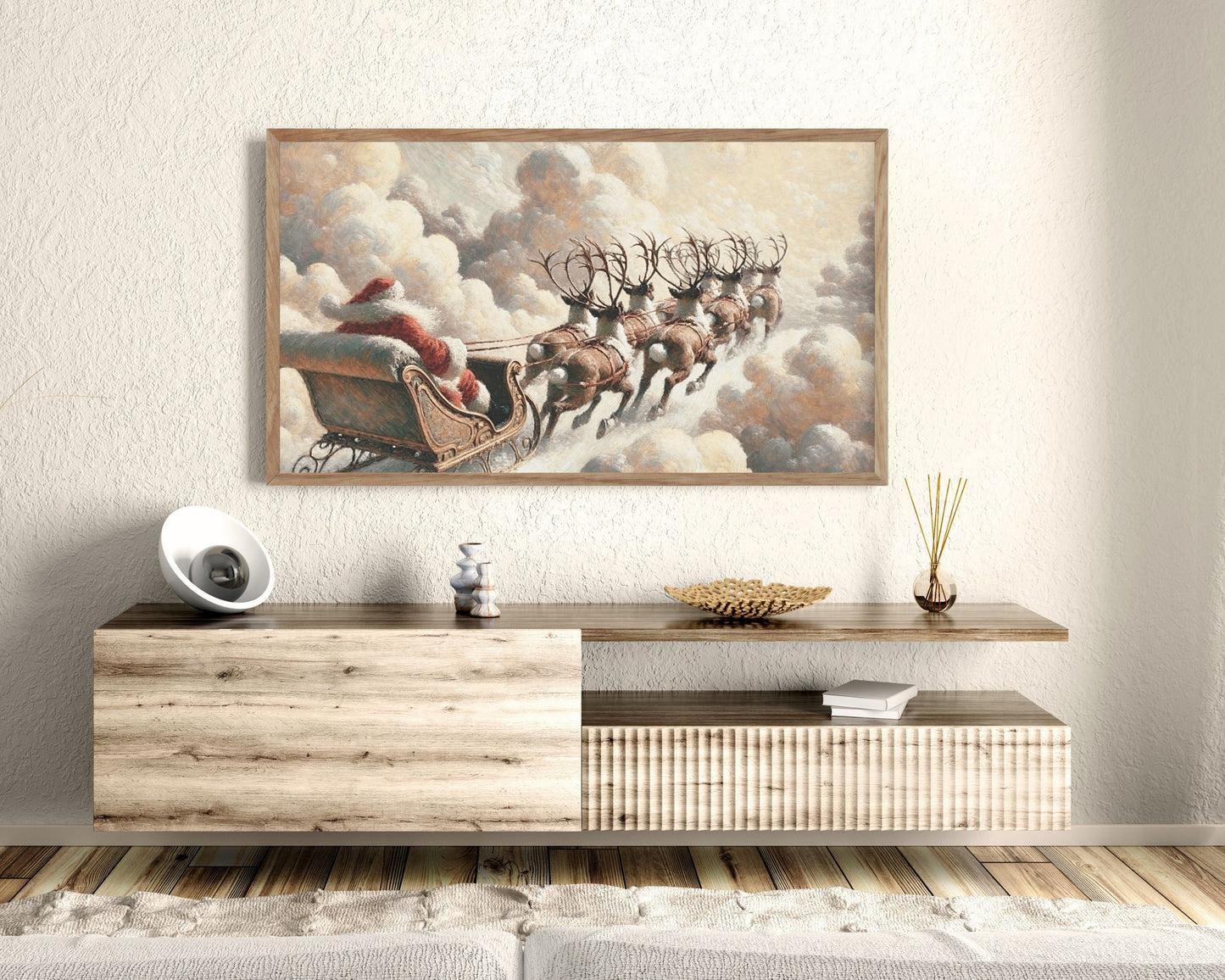 Santa and Reindeer Flying Sleigh Frame TV Art