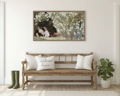 Spring Woman Reading In Rose Garden Frame TV Art