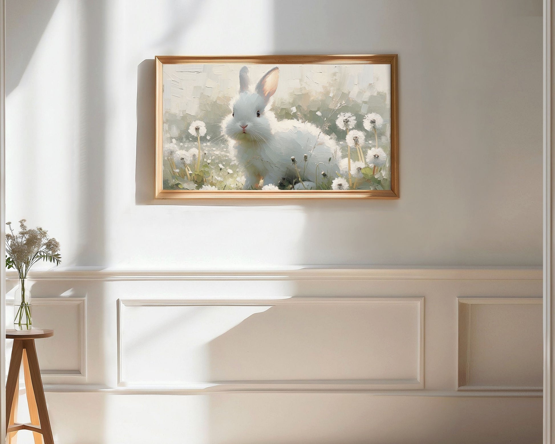 Cute White Bunny in Dandelions Frame TV Art