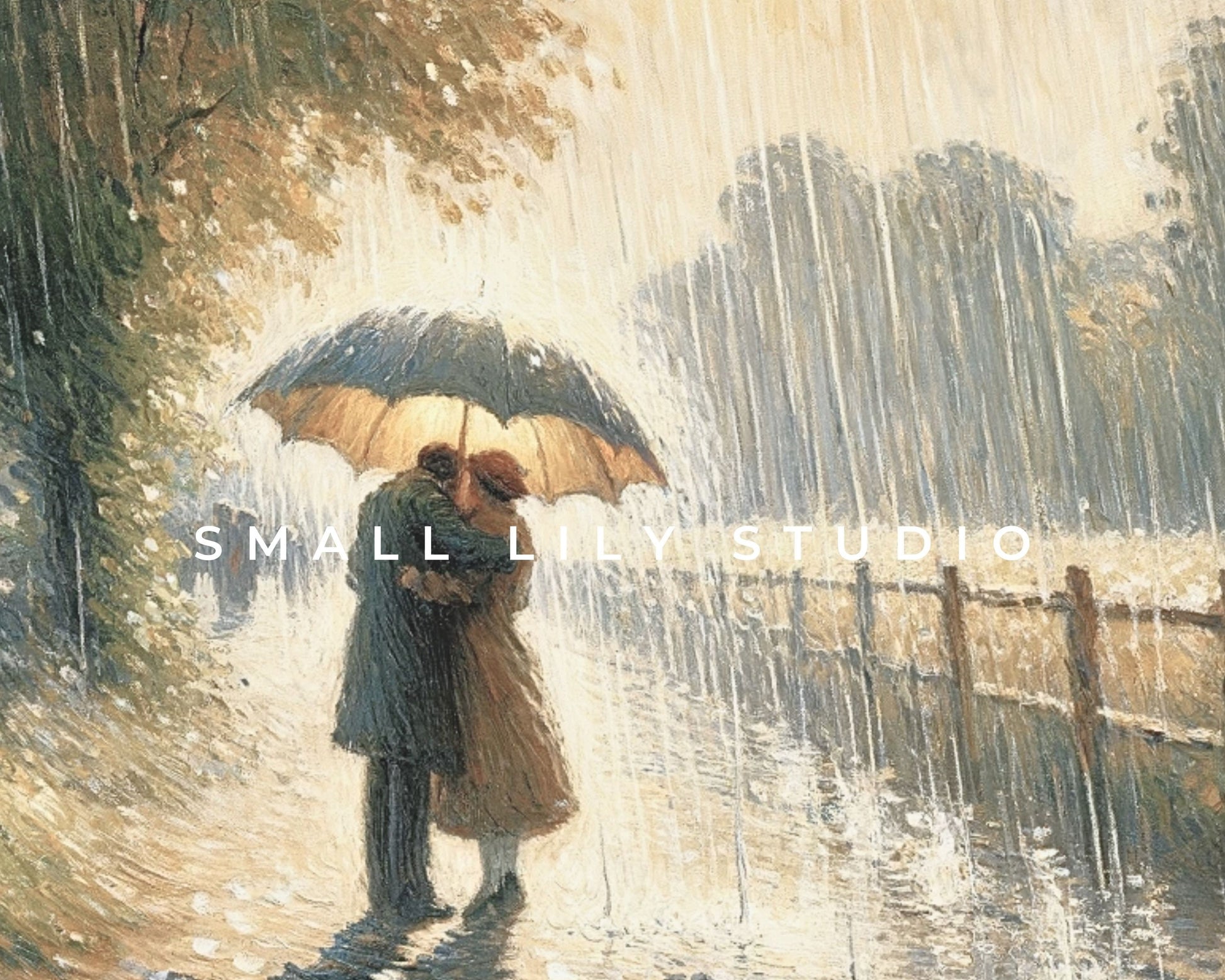 Romantic Couple In Rain Under Umbrella Frame TV Art