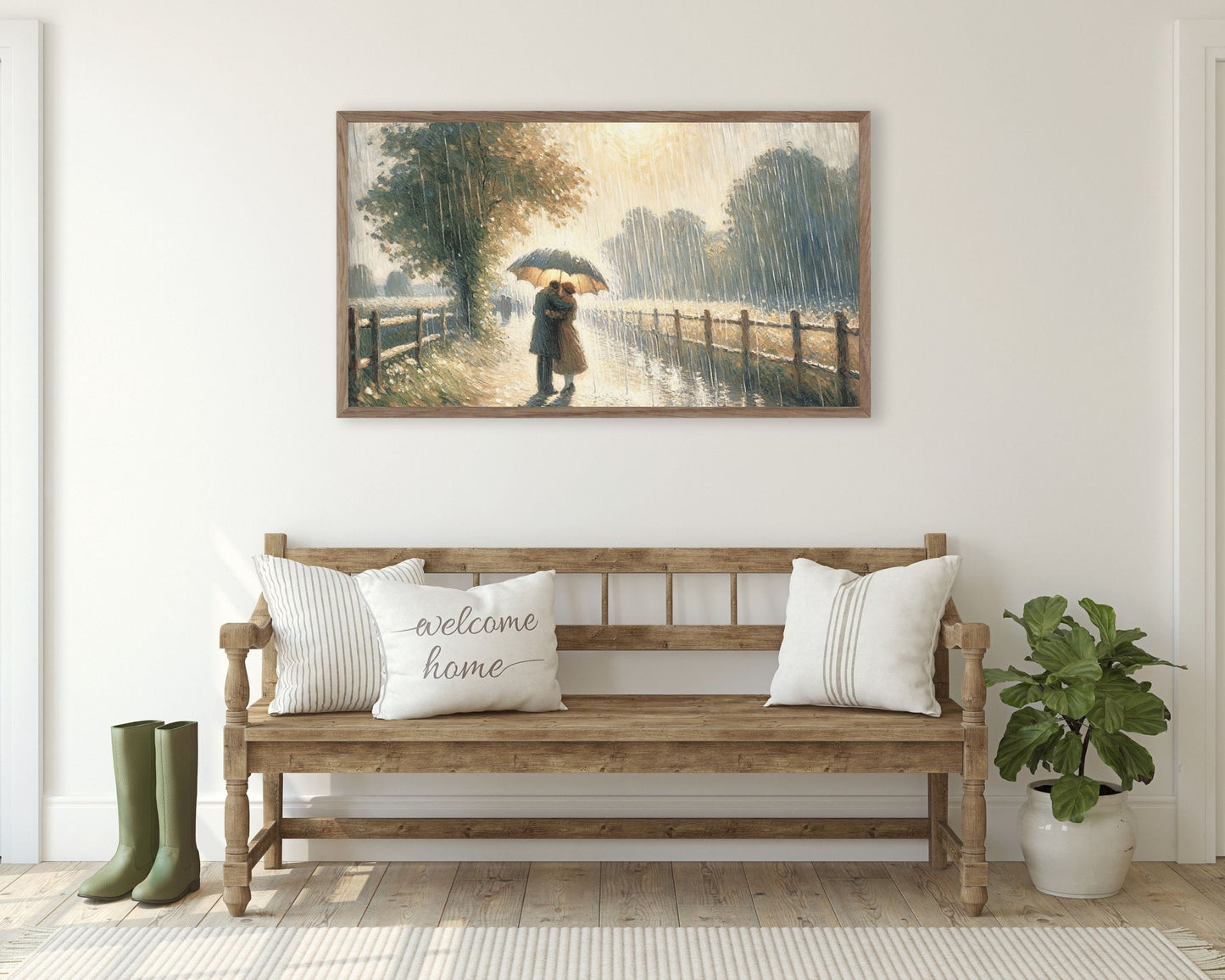 Romantic Couple In Rain Under Umbrella Frame TV Art