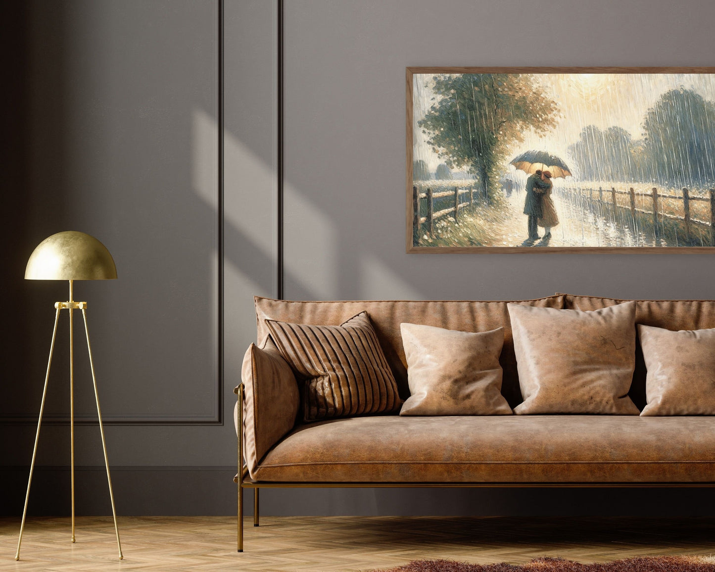 Romantic Couple In Rain Under Umbrella Frame TV Art