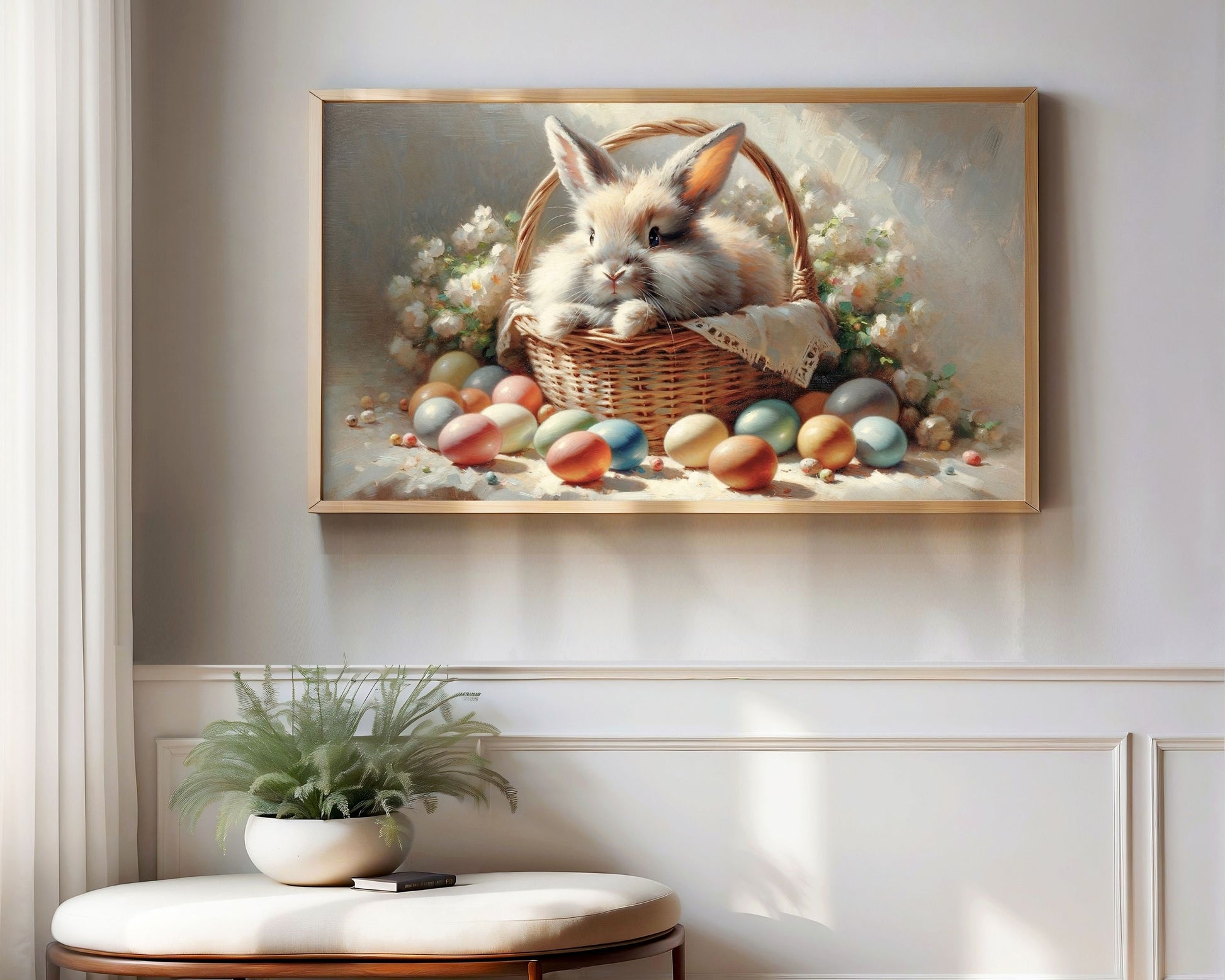 Cute Bunny in Basket with Easter Eggs Frame TV Art