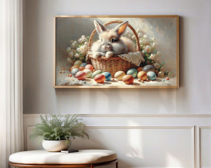 Cute Bunny in Basket with Easter Eggs Frame TV Art