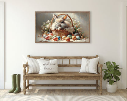 Cute Bunny in Basket with Easter Eggs Frame TV Art