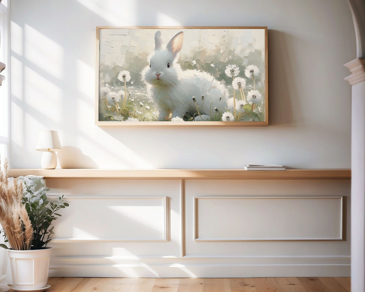 Cute White Bunny in Dandelions Frame TV Art