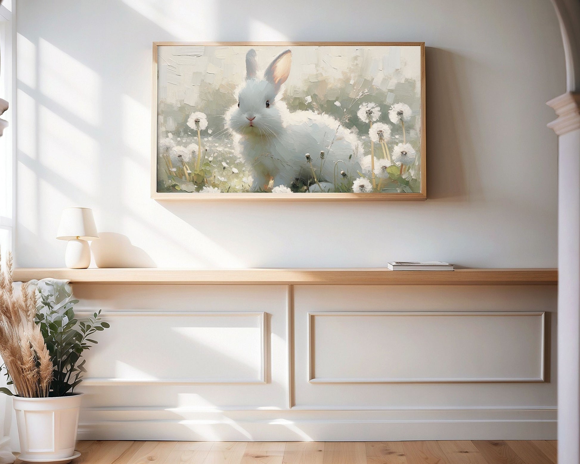 Cute White Bunny in Dandelions Frame TV Art