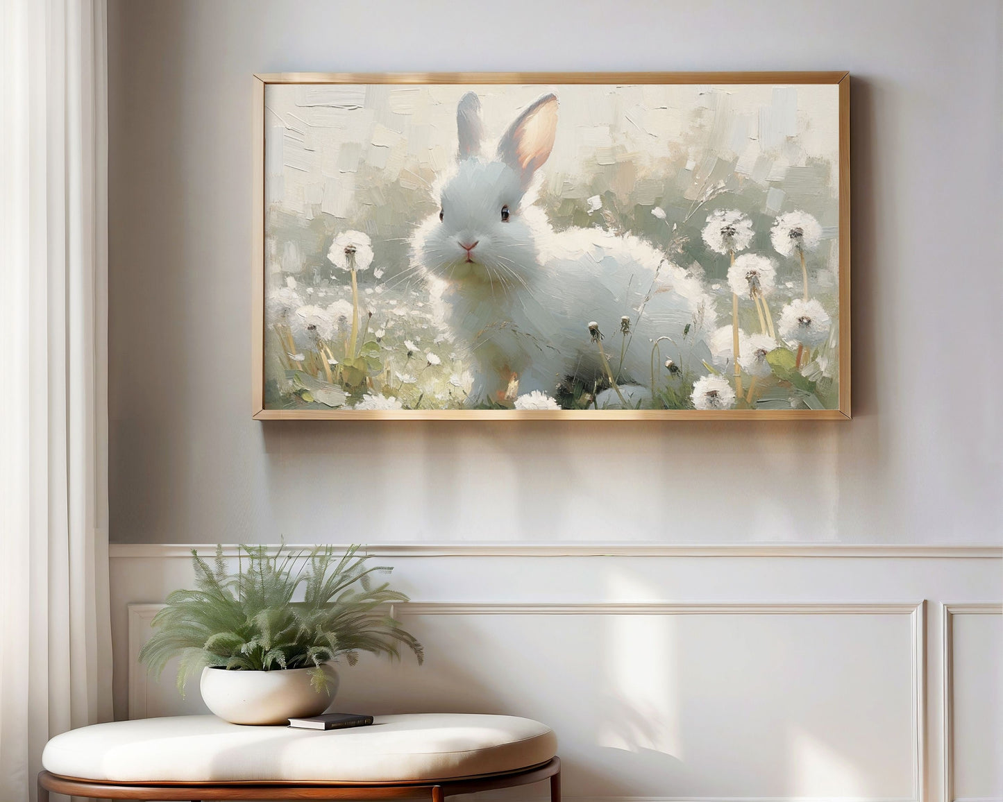 Cute White Bunny in Dandelions Frame TV Art