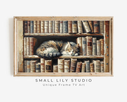 Cat Sleeping On Book Shelf Frame TV Art