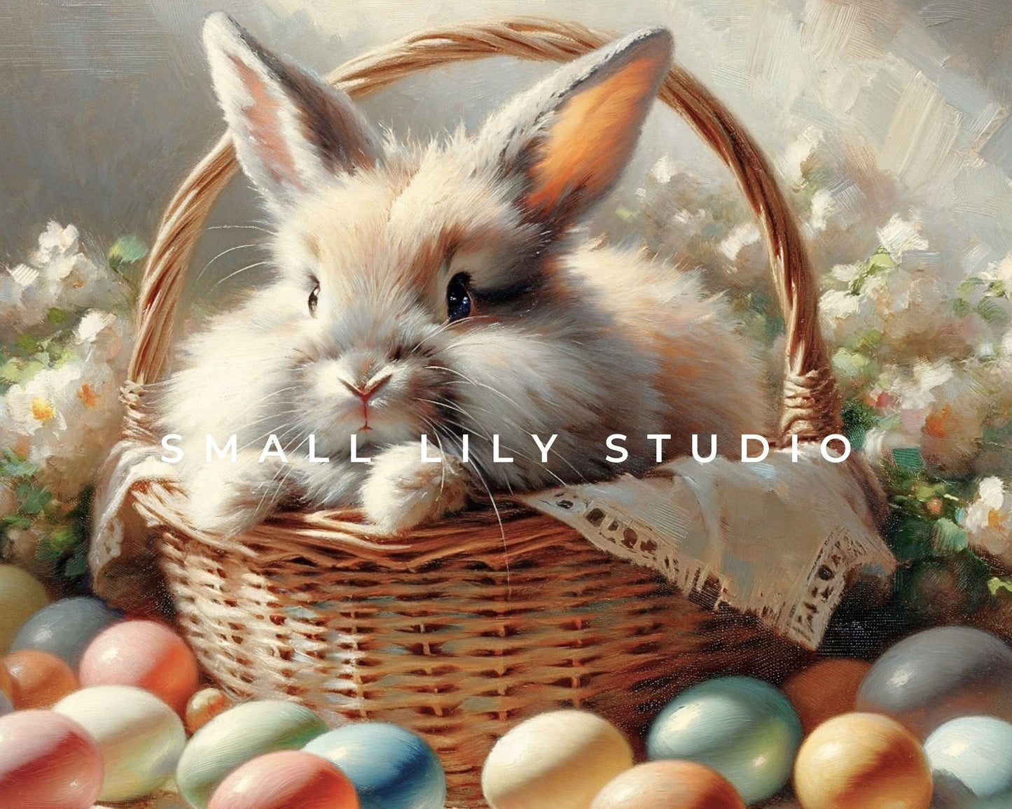 Cute Bunny in Basket with Easter Eggs Frame TV Art