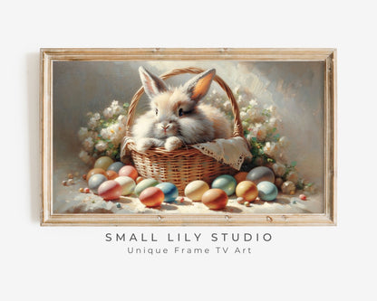 Cute Bunny in Basket with Easter Eggs Frame TV Art