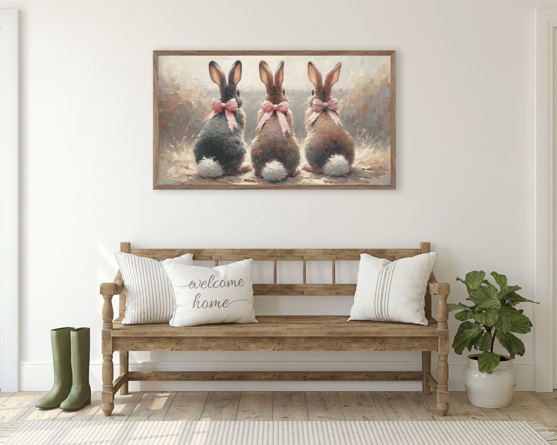 Easter Bunnies with Pink Bows Frame TV Art