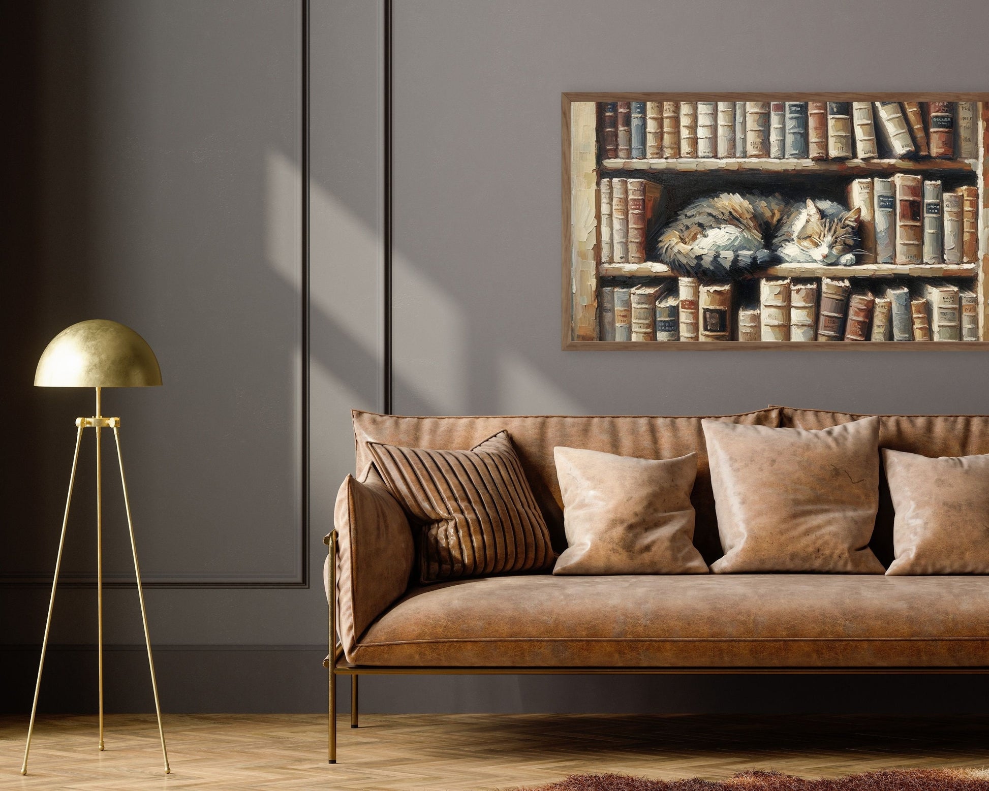 Cat Sleeping On Book Shelf Frame TV Art