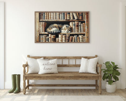 Cat Sleeping On Book Shelf Frame TV Art