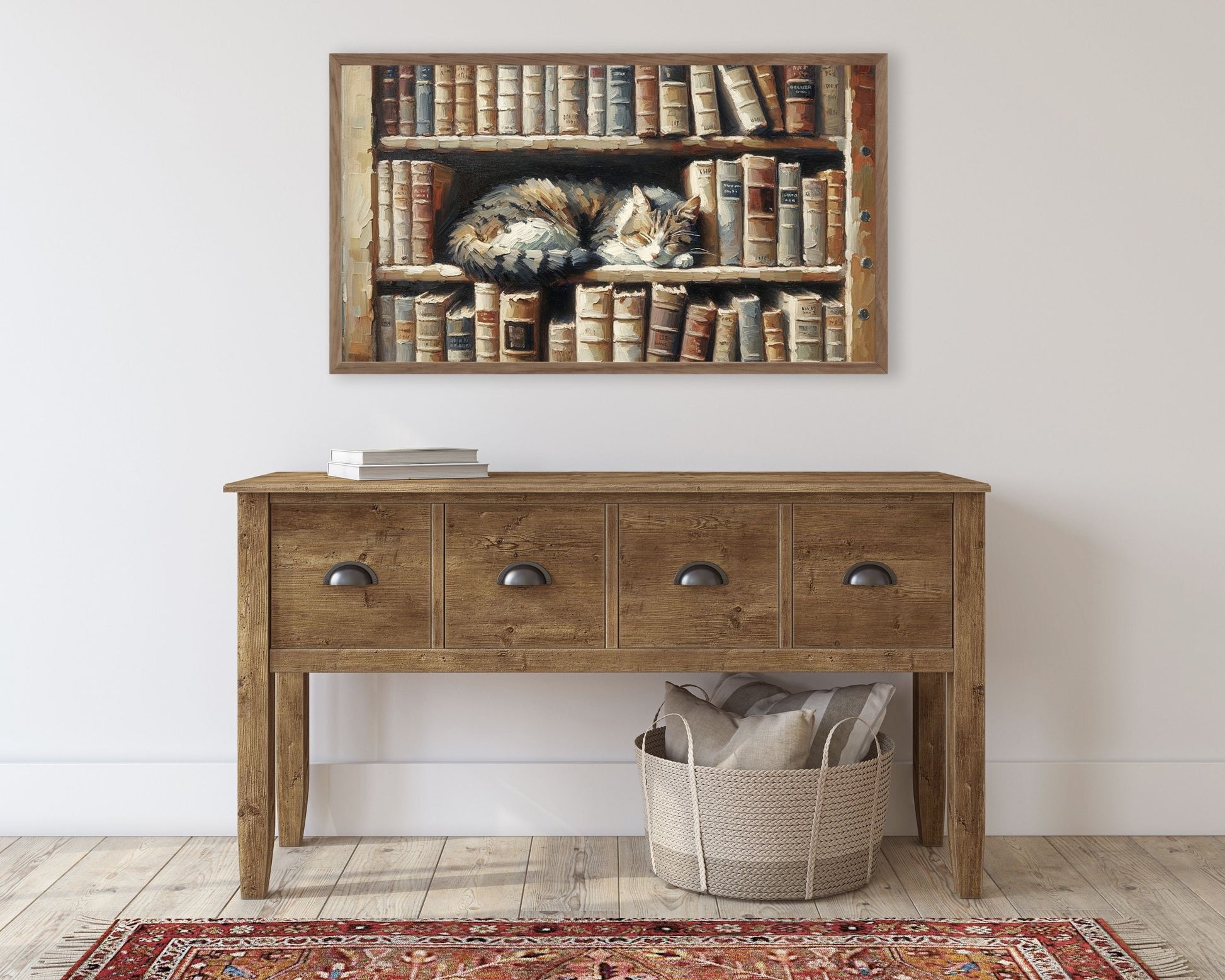 Cat Sleeping On Book Shelf Frame TV Art