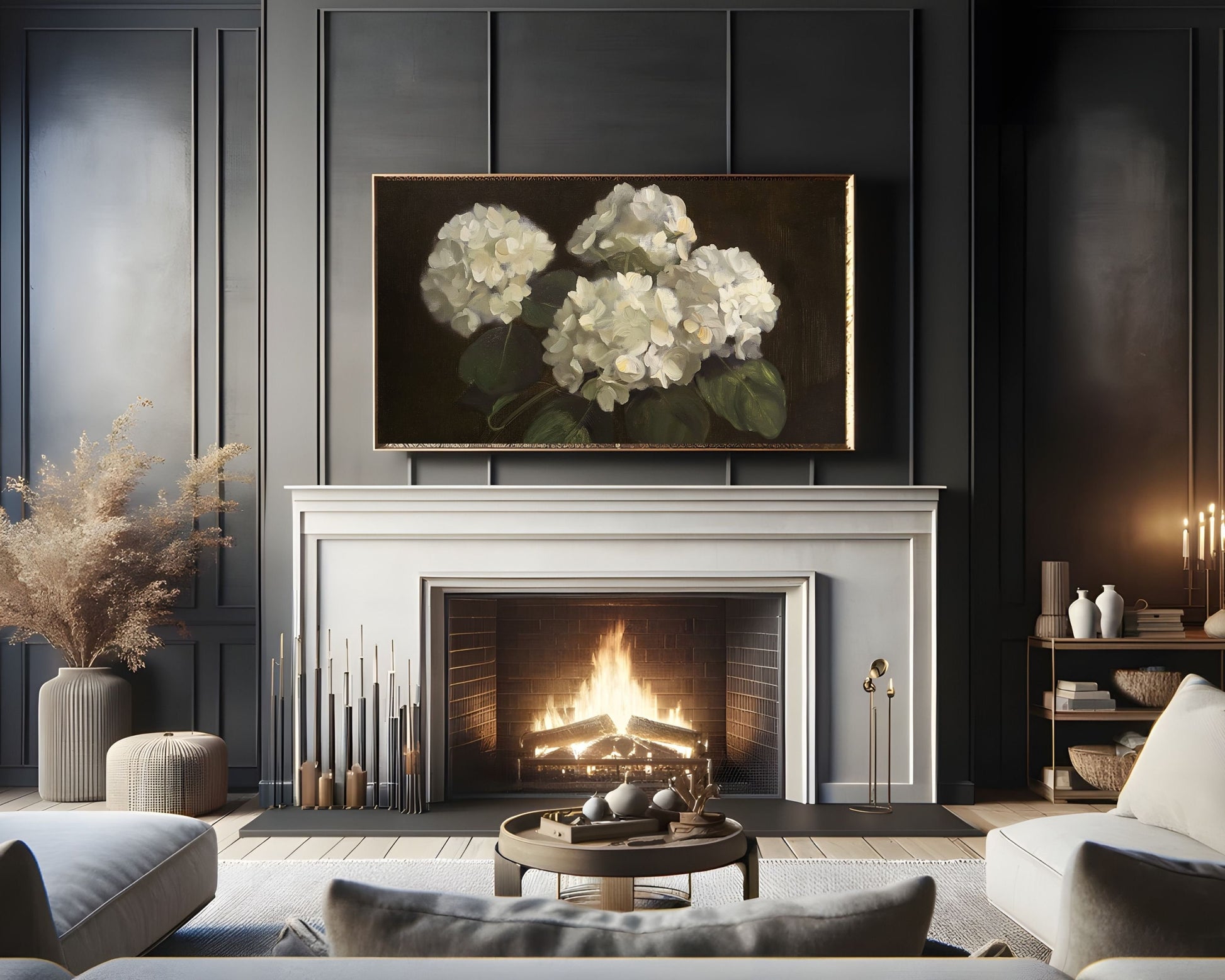 Moody White Hydrangeas Still Life Frame TV Art