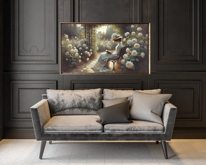 Spring Woman Reading In Rose Garden Frame TV Art