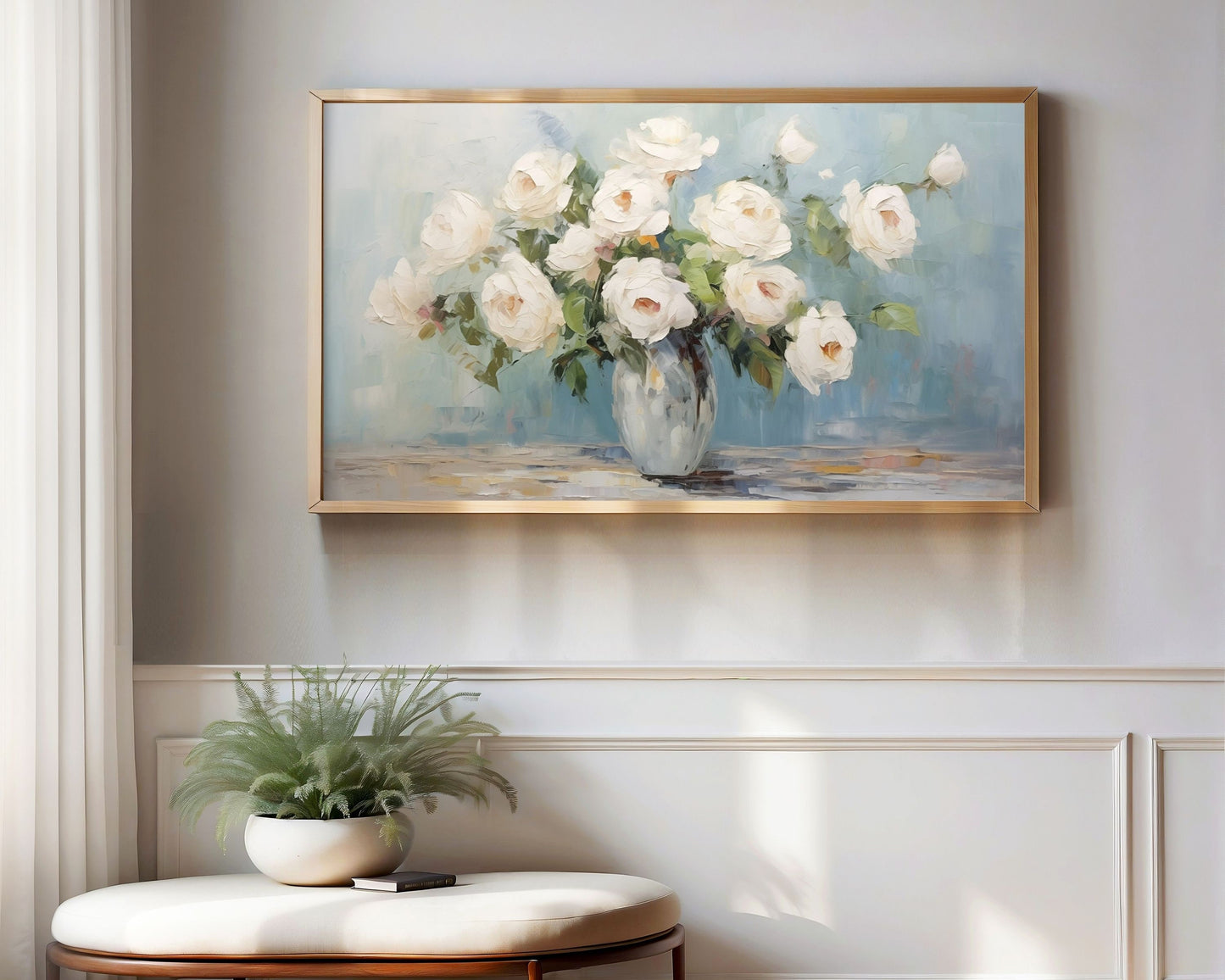 White Roses On Blue Frame TV Art