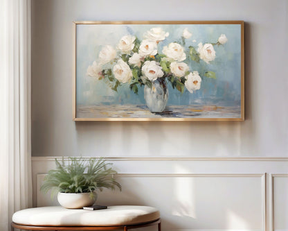 White Roses On Blue Frame TV Art
