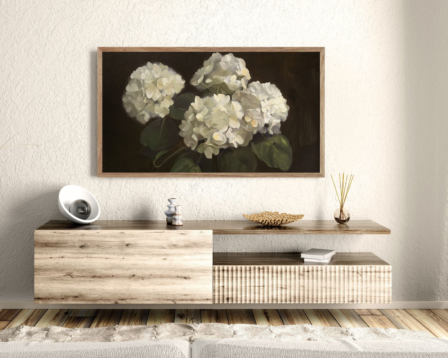 Moody White Hydrangeas Still Life Frame TV Art