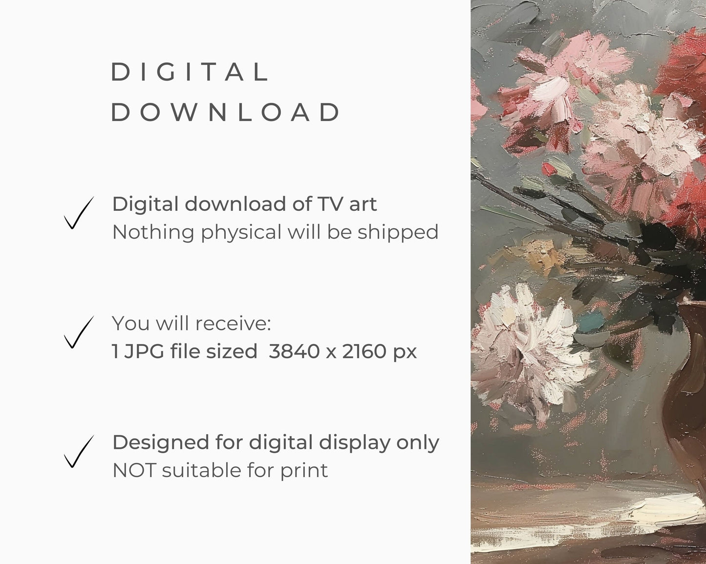 Red White Pink Flowers Still Life Painting Frame TV Art