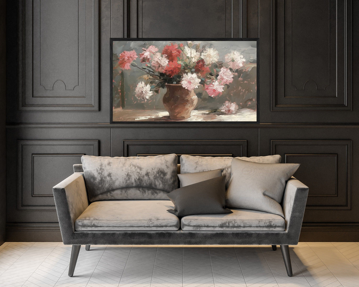 Red White Pink Flowers Still Life Painting Frame TV Art