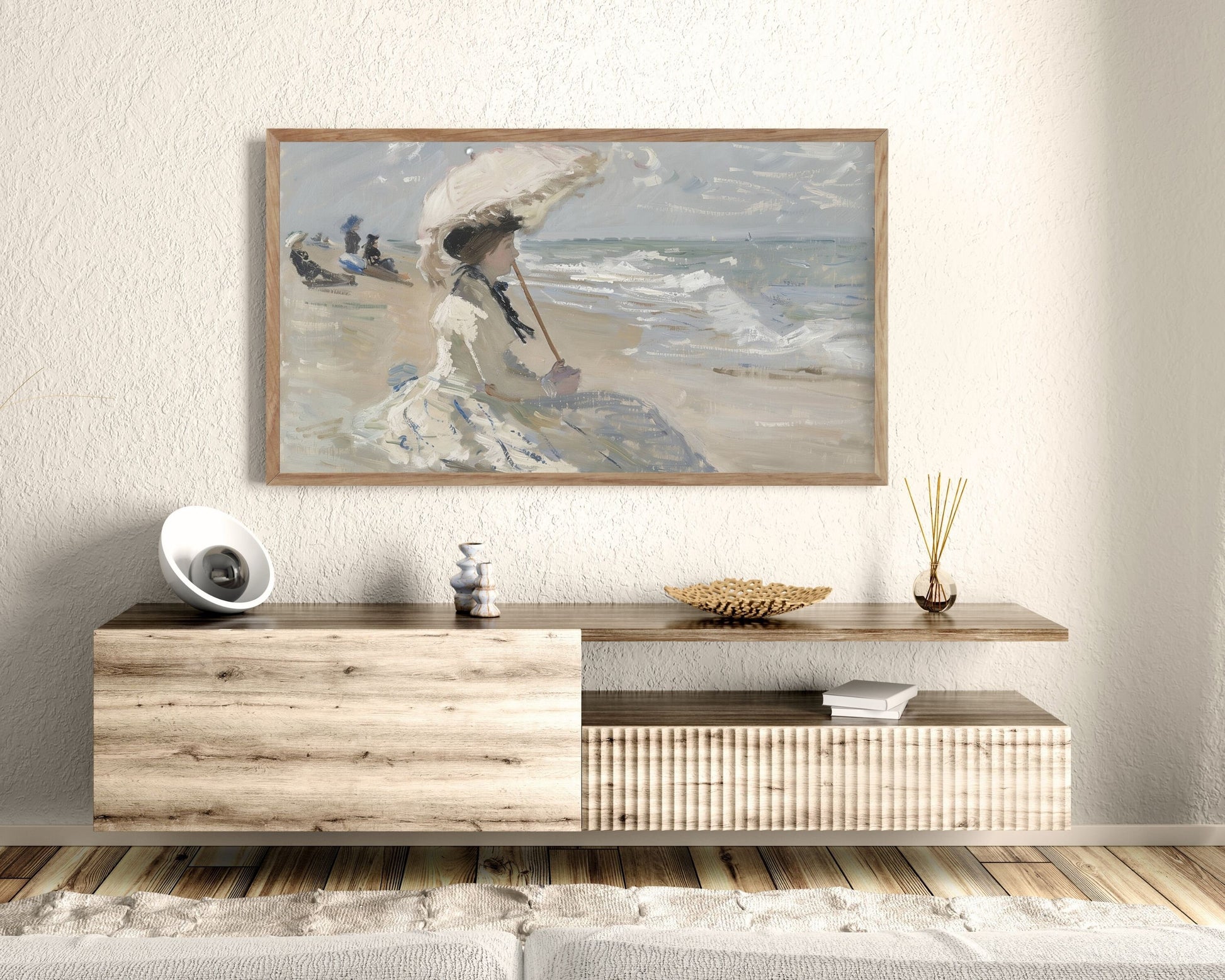 Woman On Beach With Parasol Frame TV Art