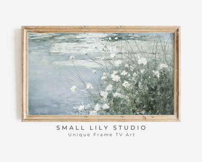 White Wildflowers By A Pond Frame TV Art