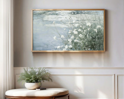 White Wildflowers By A Pond Frame TV Art