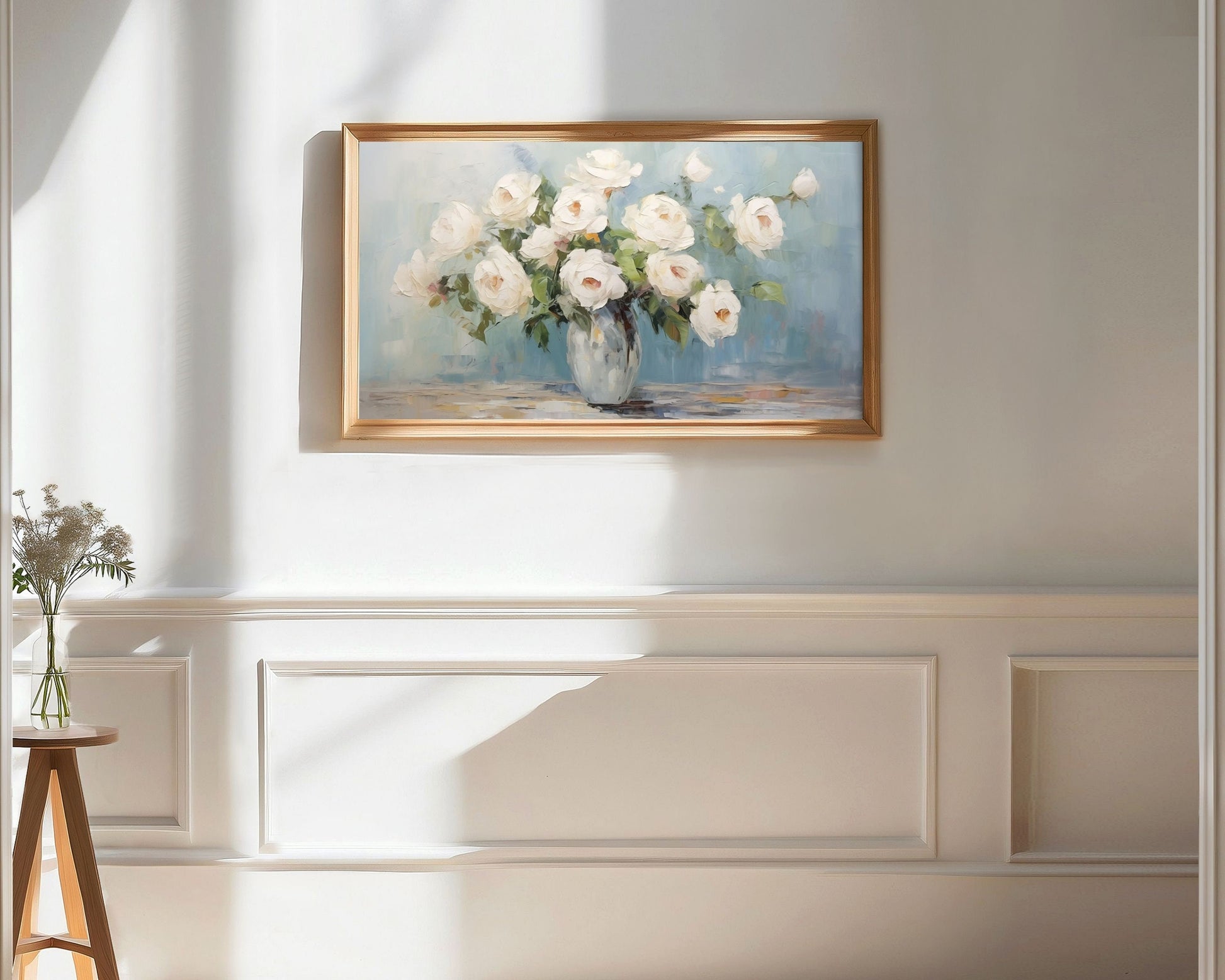 White Roses On Blue Frame TV Art