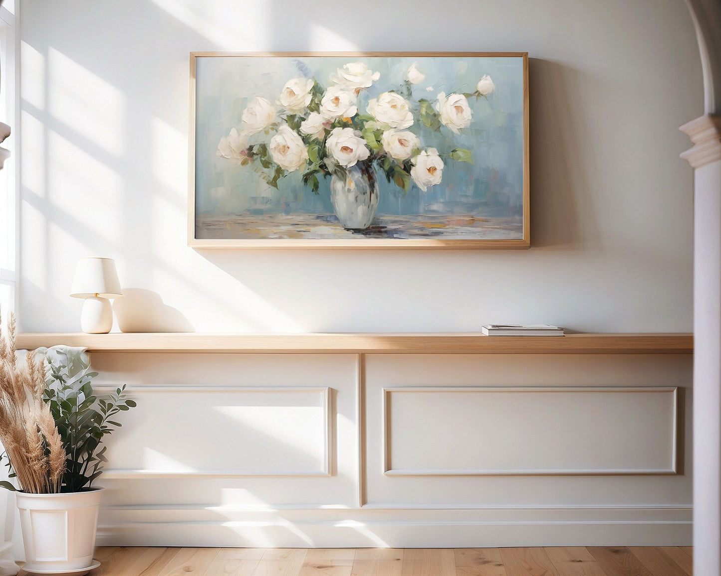 White Roses On Blue Frame TV Art