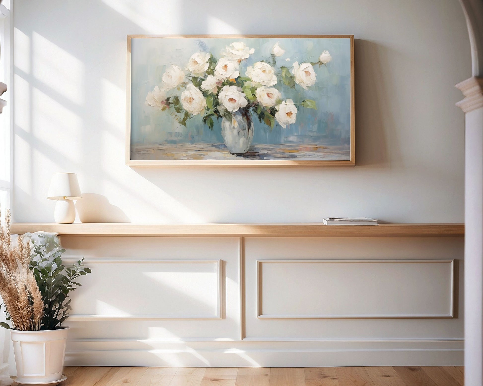 White Roses On Blue Frame TV Art