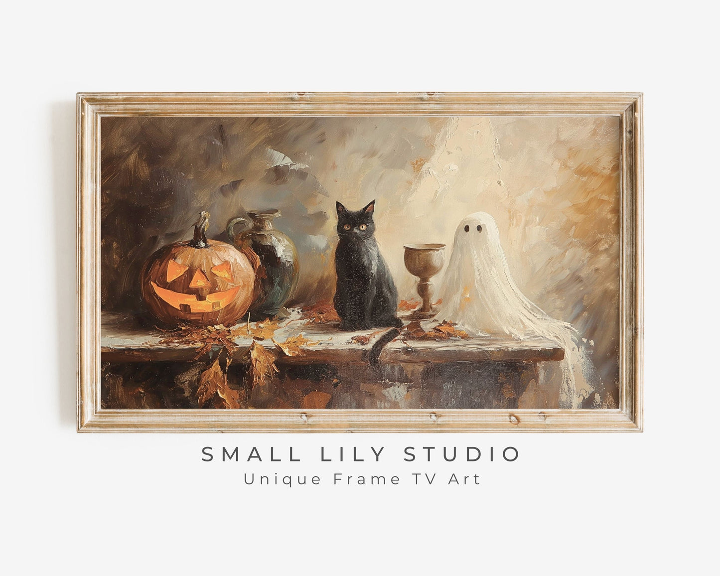 Halloween Ghost Black Cat and Pumpkin Frame TV Art