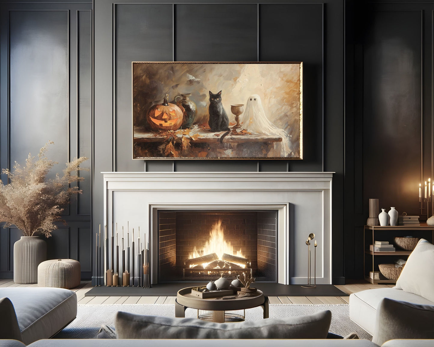 Halloween Ghost Black Cat and Pumpkin Frame TV Art