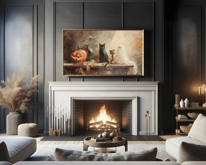 Halloween Ghost Black Cat and Pumpkin Frame TV Art