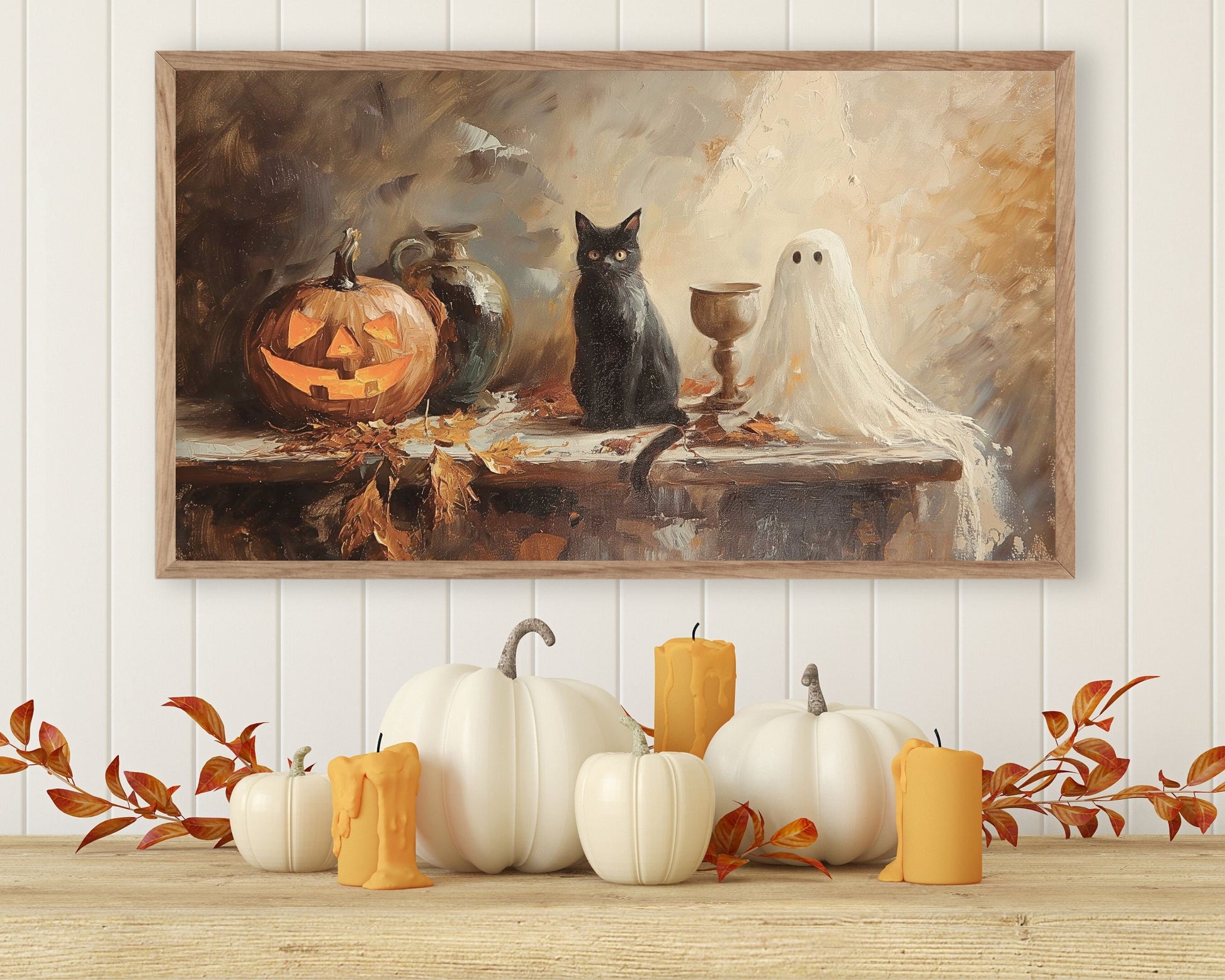 Halloween Ghost Black Cat and Pumpkin Frame TV Art