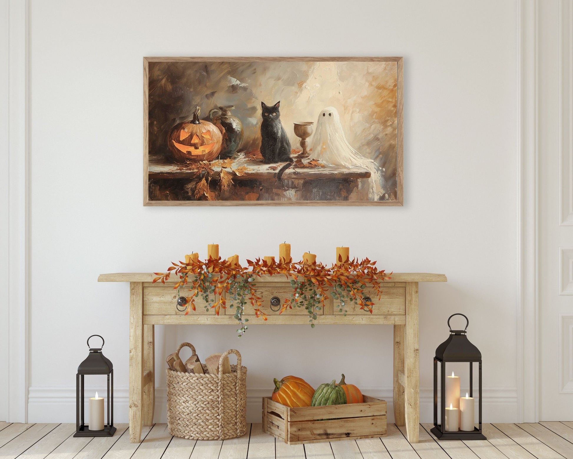 Halloween Ghost Black Cat and Pumpkin Frame TV Art