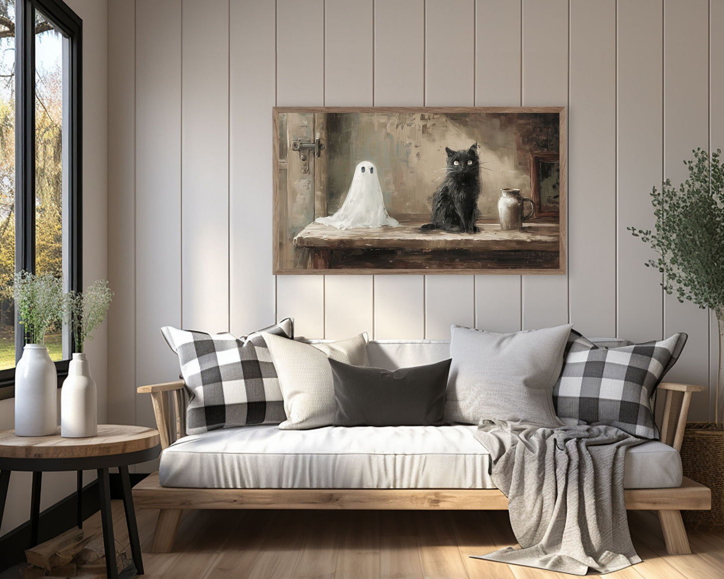 Halloween Ghost and Black Cat Frame TV Art