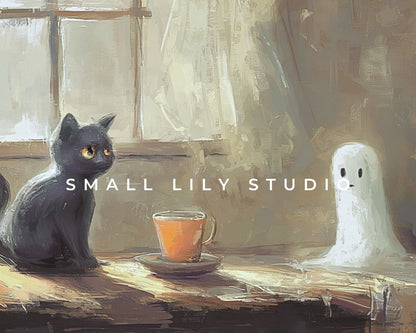 Halloween Cute Ghost and Black Cat Frame TV Art