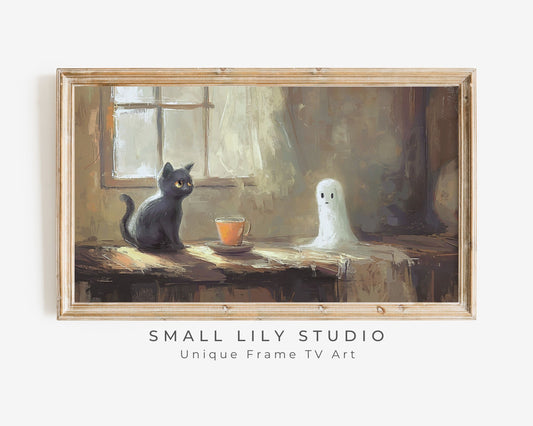 Halloween Cute Ghost and Black Cat Frame TV Art